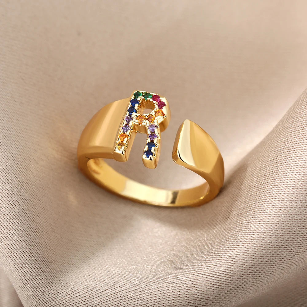 Rainbow Zircon Letter Rings for Women Gold Color Stainless Steel Initial Ring Adjustable Wedding Couple Rings Boho Jewelry Bague