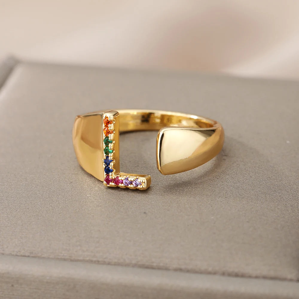 Rainbow Zircon Letter Rings for Women Gold Color Stainless Steel Initial Ring Adjustable Wedding Couple Rings Boho Jewelry Bague