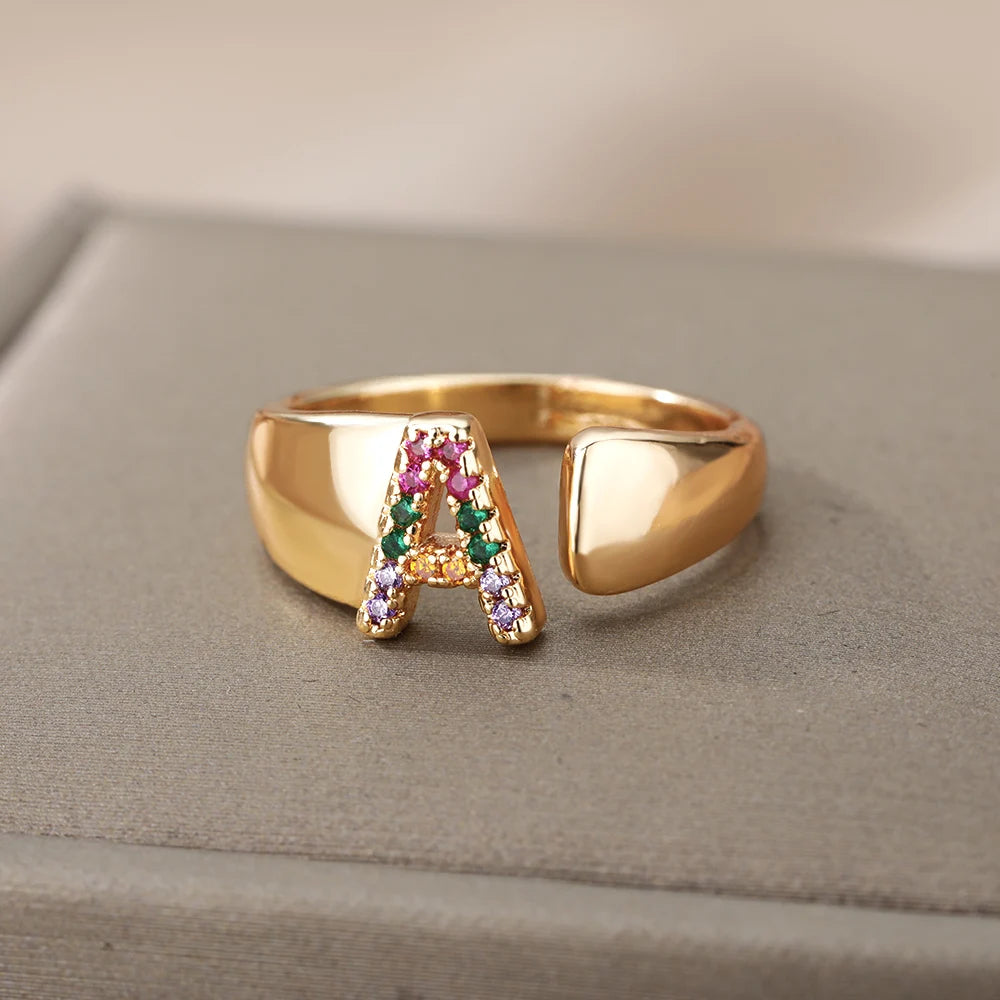 Rainbow Zircon Letter Rings for Women Gold Color Stainless Steel Initial Ring Adjustable Wedding Couple Rings Boho Jewelry Bague