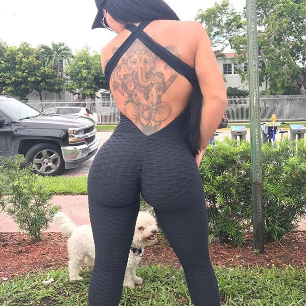 Women's Sexy Fitness Backless Halter Romper Bodysuit
