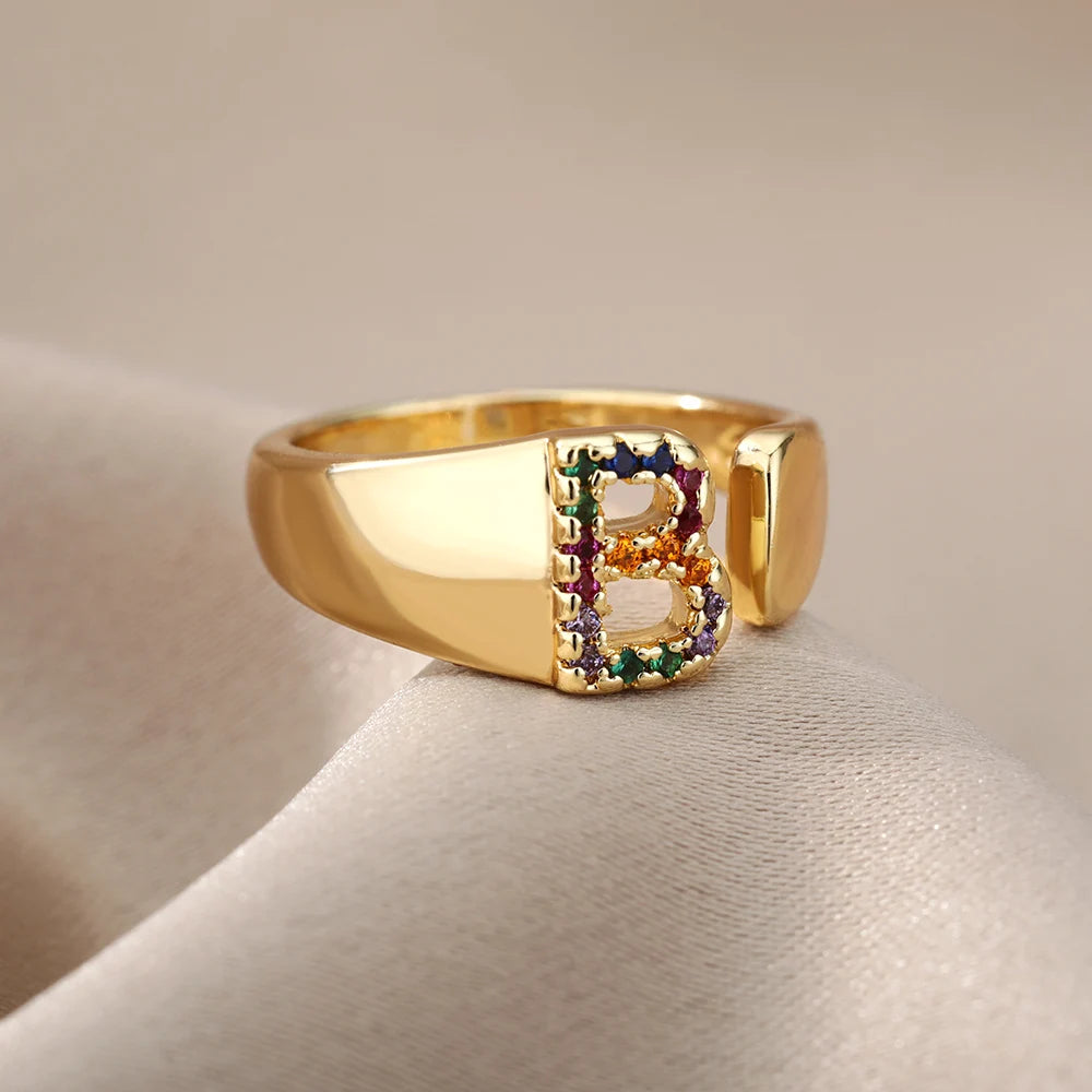 Rainbow Zircon Letter Rings for Women Gold Color Stainless Steel Initial Ring Adjustable Wedding Couple Rings Boho Jewelry Bague