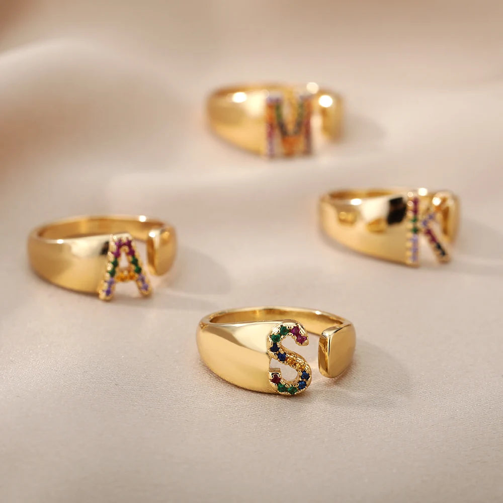 Rainbow Zircon Letter Rings for Women Gold Color Stainless Steel Initial Ring Adjustable Wedding Couple Rings Boho Jewelry Bague