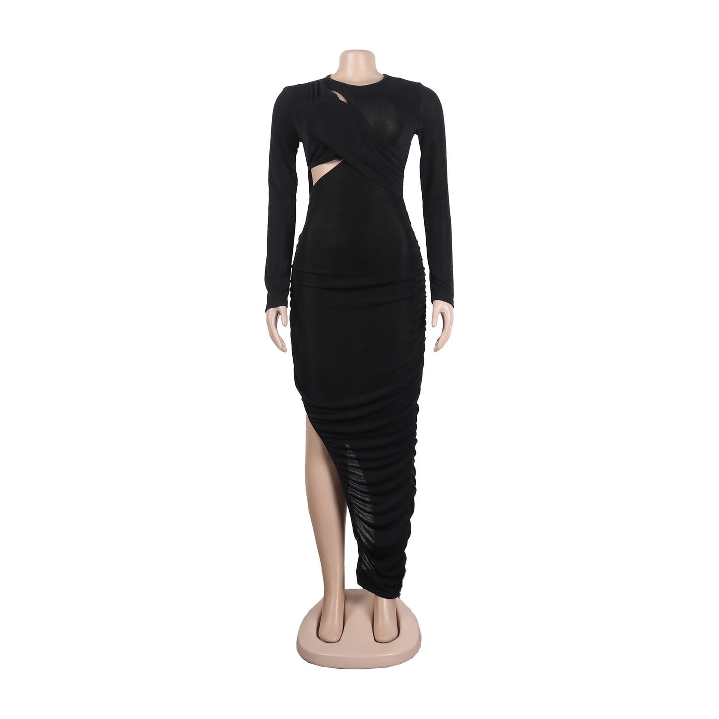 Women Wrap Cutout High Side Split Long Sleeve O-neck Maxi Dress.