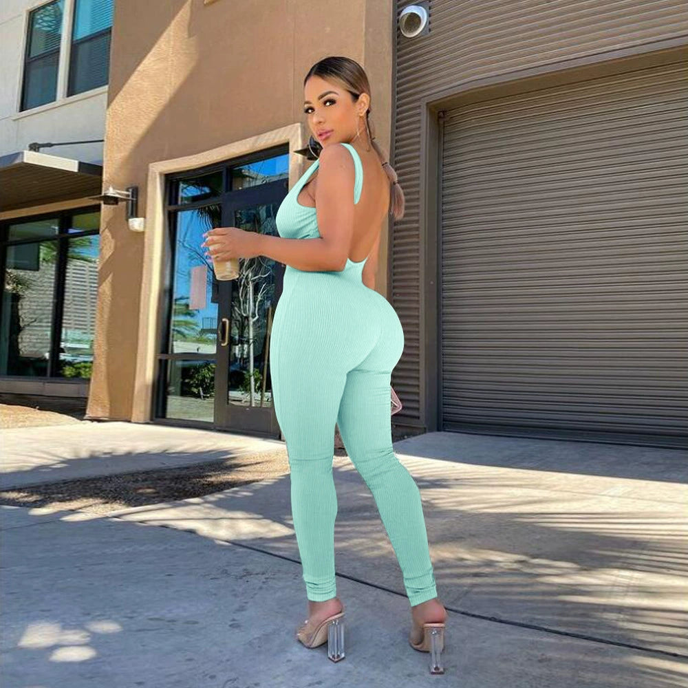 New Arrival Cross-Border Fashion European and American Women's Clothing Pure Color Backless Siamese Sleeveless Pants