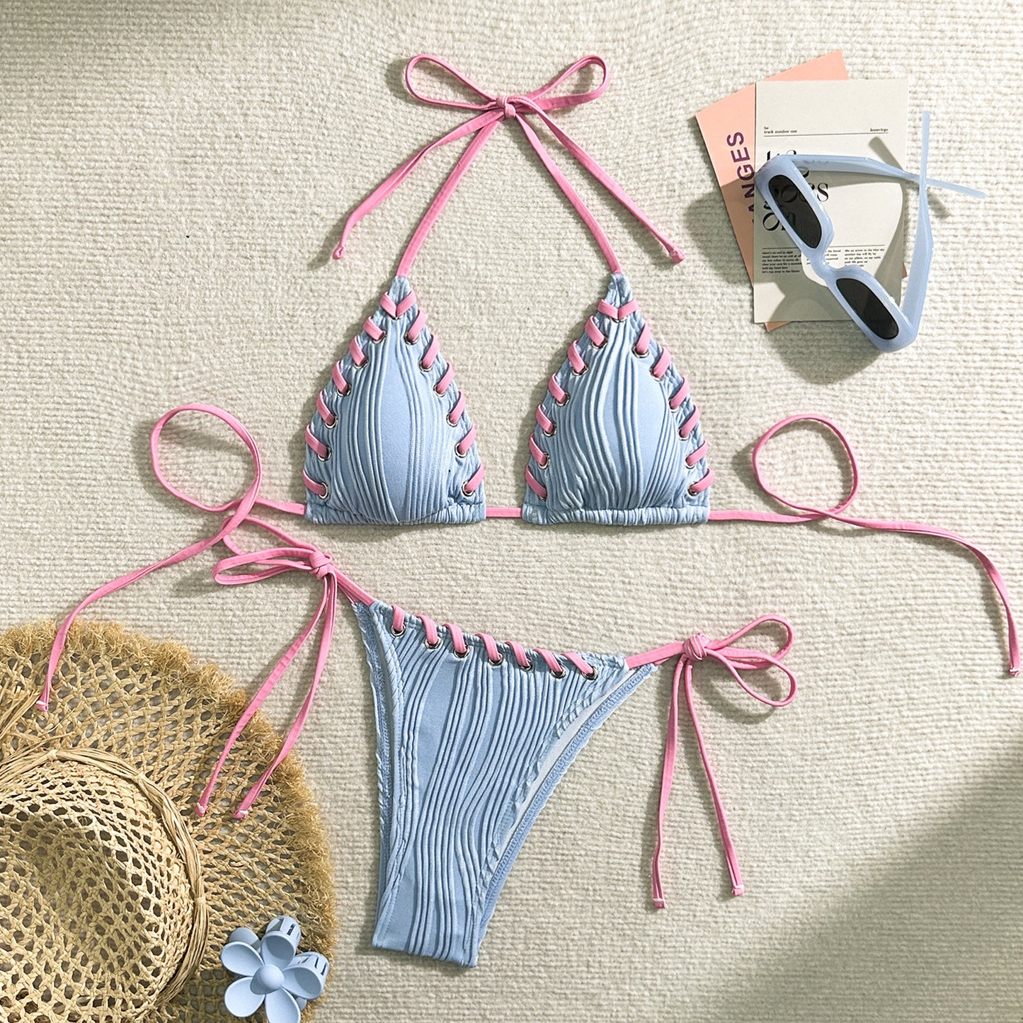 Halter Wrinkled Weave Bikini Women Swimwear
