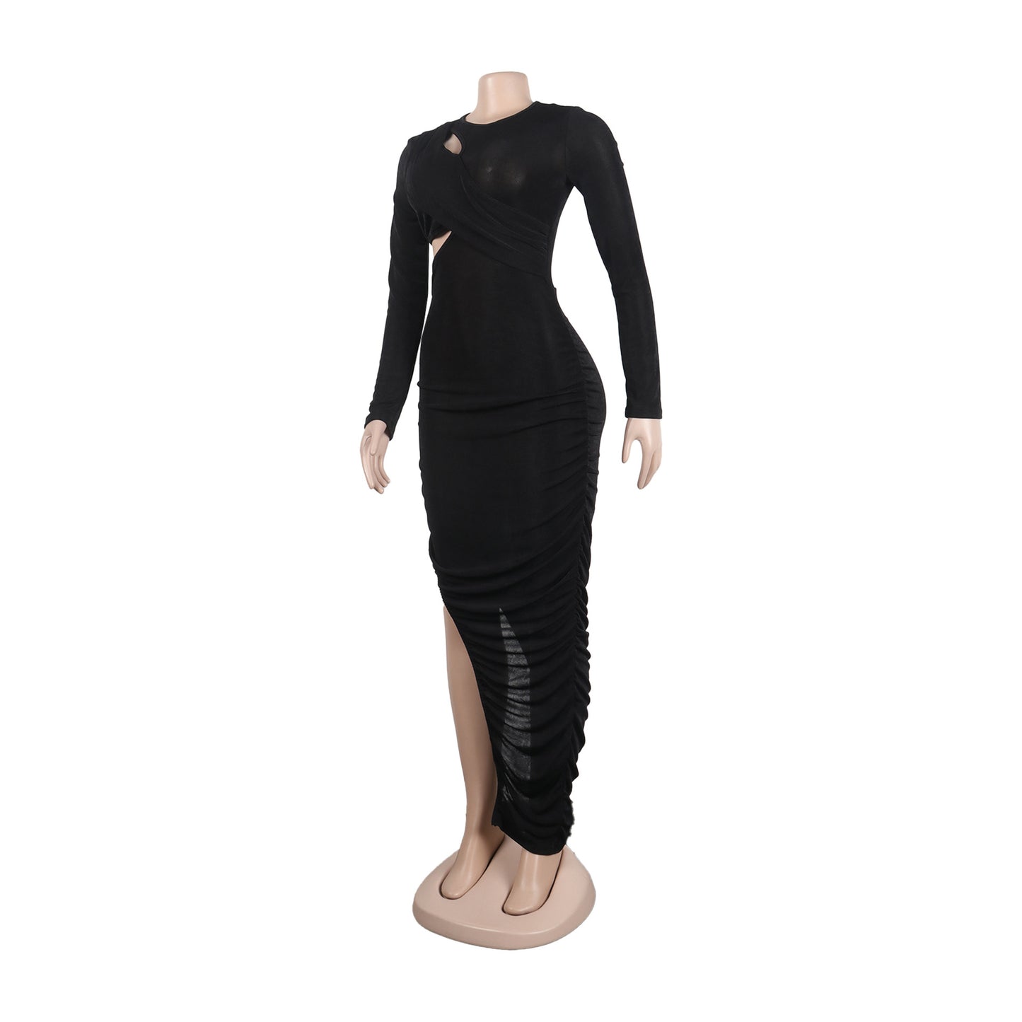 Women Wrap Cutout High Side Split Long Sleeve O-neck Maxi Dress.