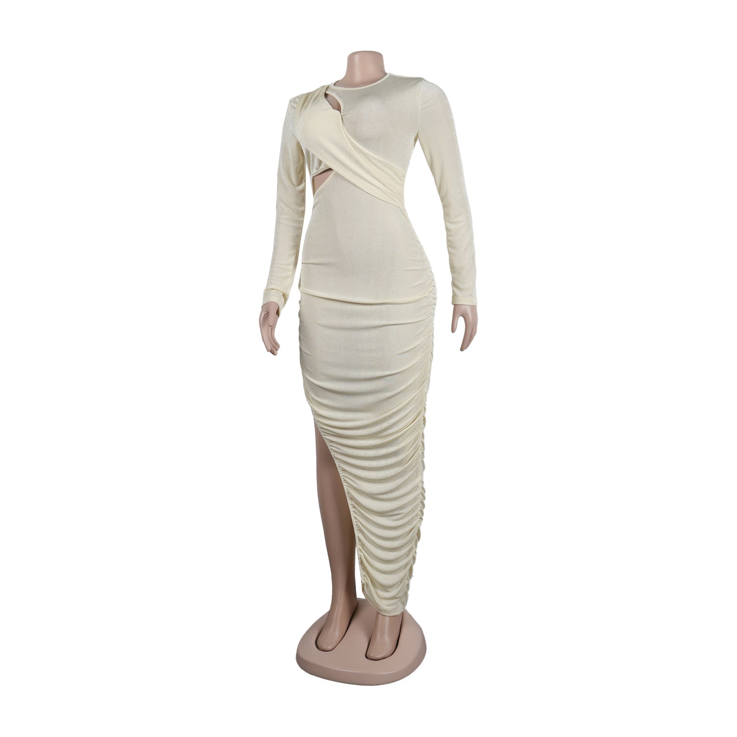 Women Wrap Cutout High Side Split Long Sleeve O-neck Maxi Dress.