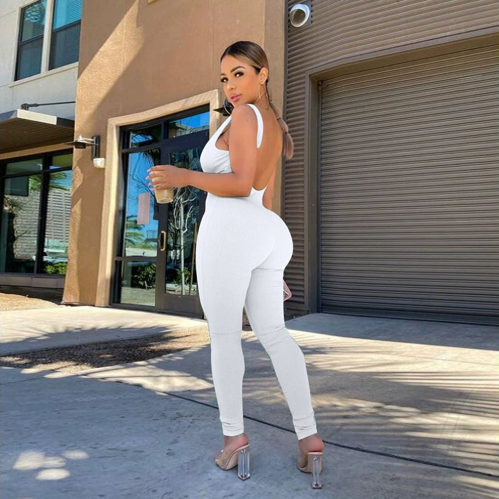 New Arrival Cross-Border Fashion European and American Women's Clothing Pure Color Backless Siamese Sleeveless Pants