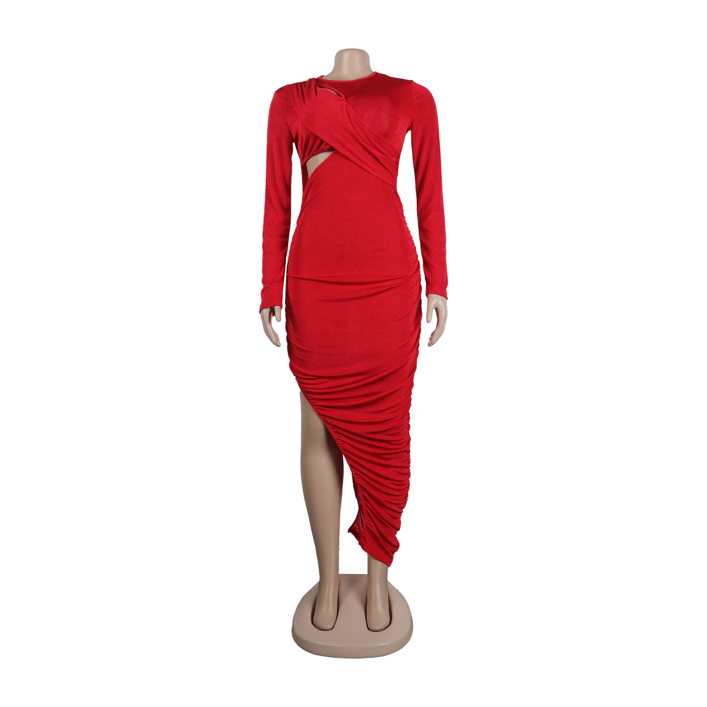 Women Wrap Cutout High Side Split Long Sleeve O-neck Maxi Dress.