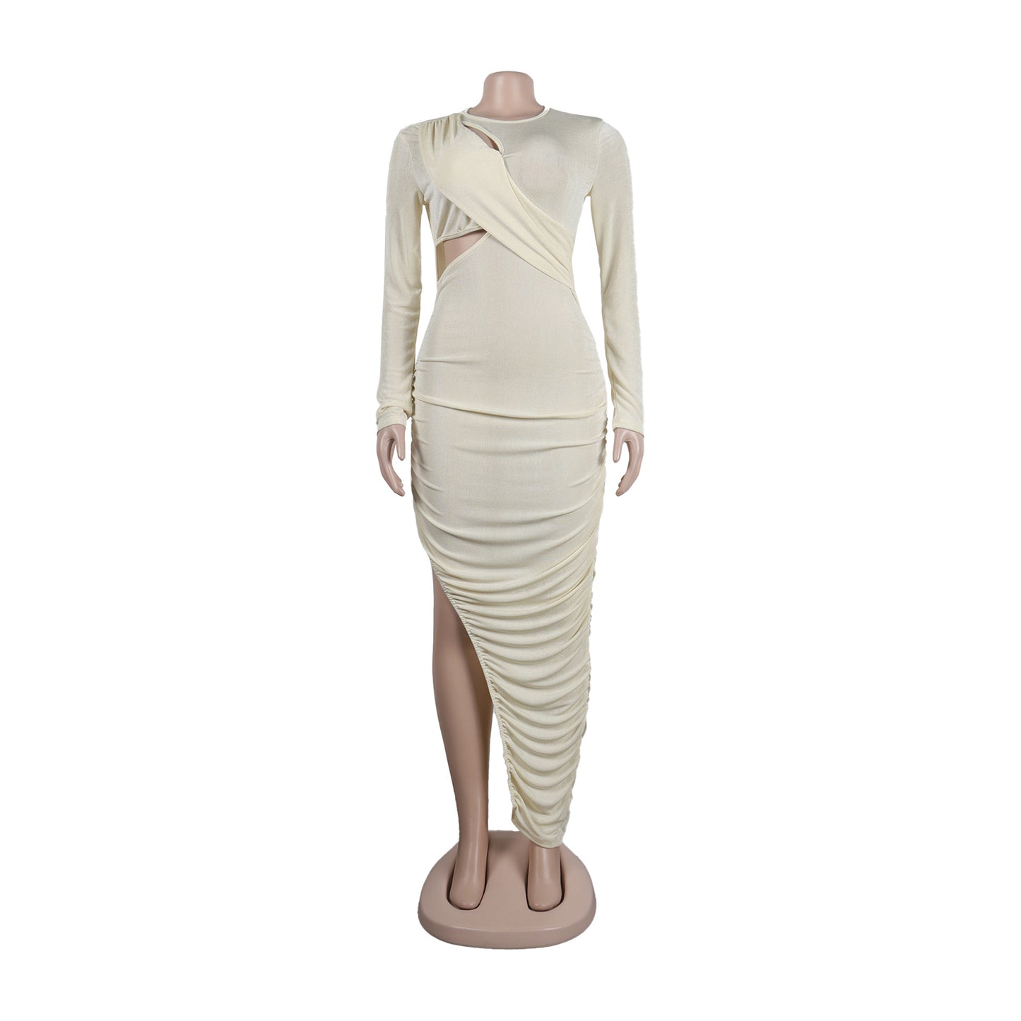 Women Wrap Cutout High Side Split Long Sleeve O-neck Maxi Dress.
