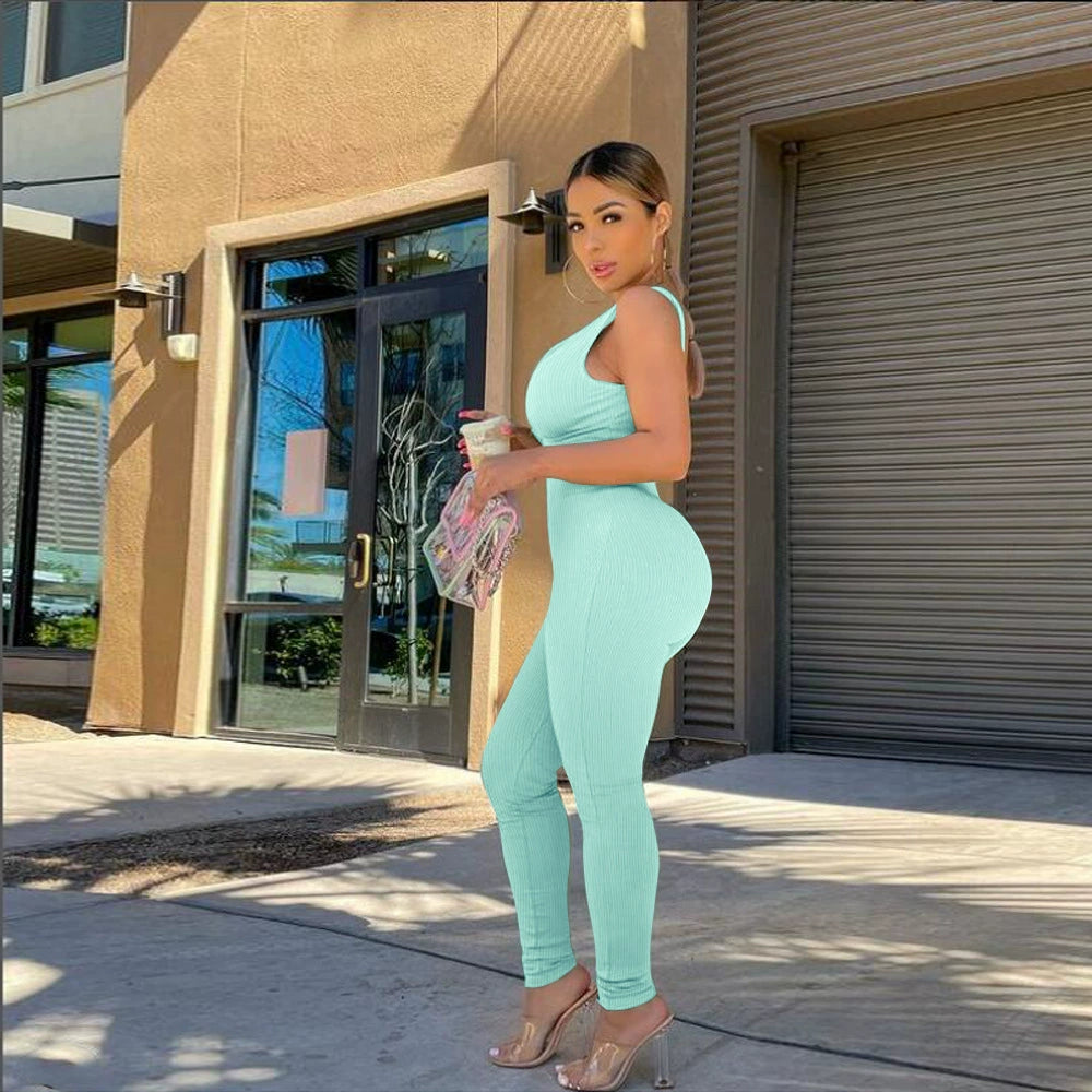 New Arrival Cross-Border Fashion European and American Women's Clothing Pure Color Backless Siamese Sleeveless Pants