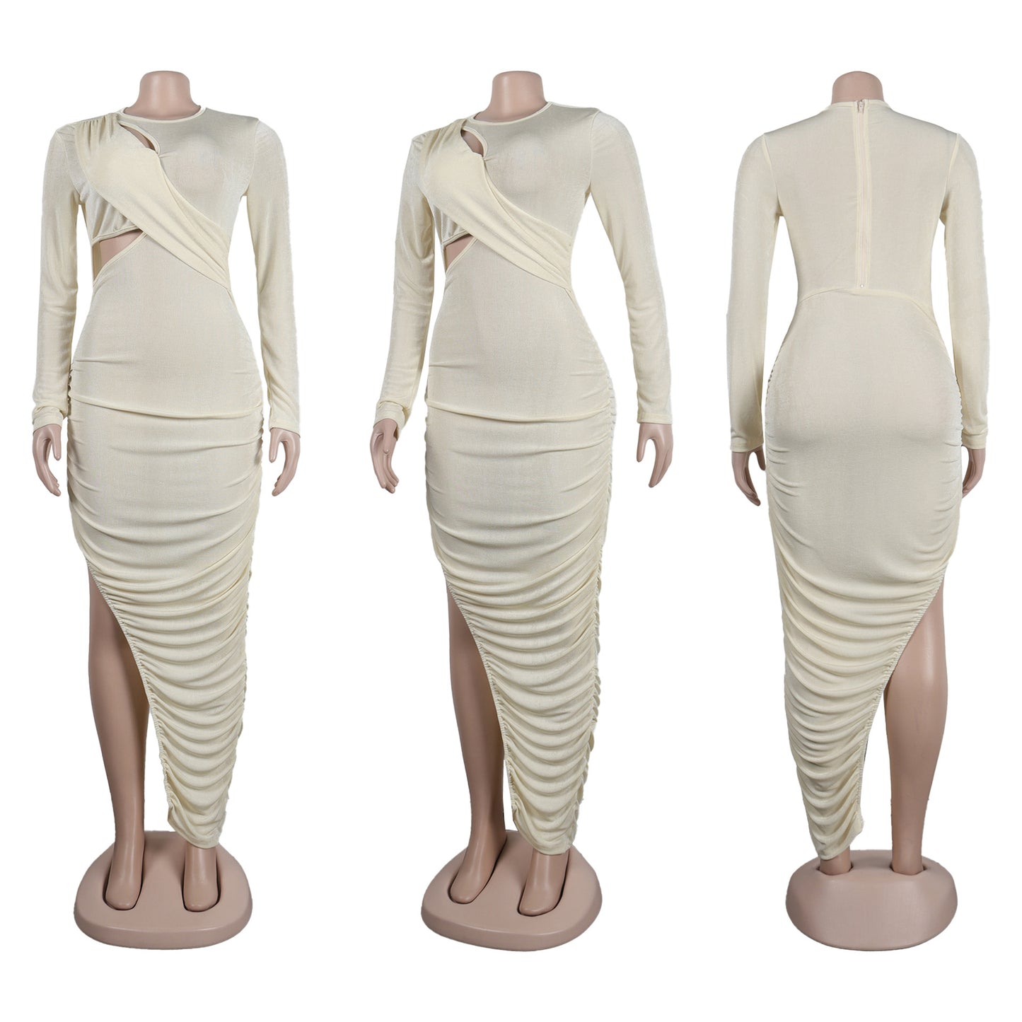Women Wrap Cutout High Side Split Long Sleeve O-neck Maxi Dress.