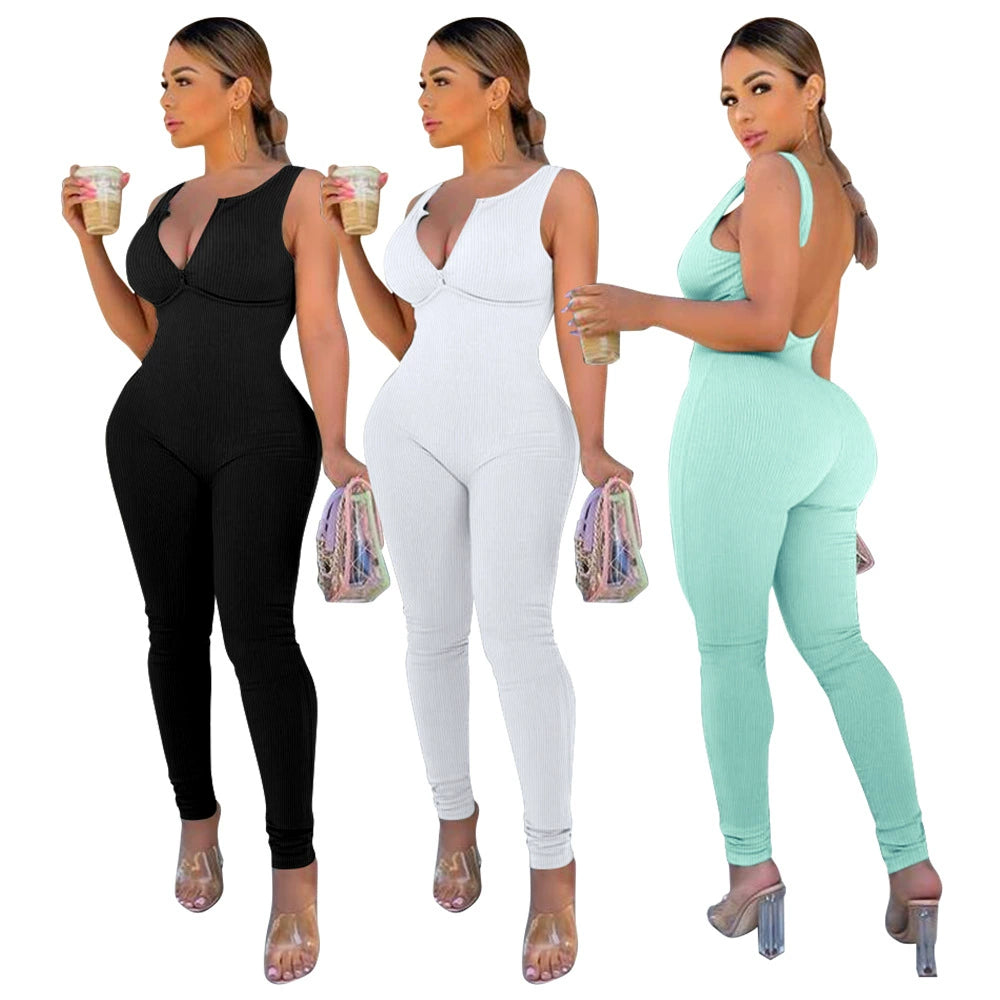 New Arrival Cross-Border Fashion European and American Women's Clothing Pure Color Backless Siamese Sleeveless Pants
