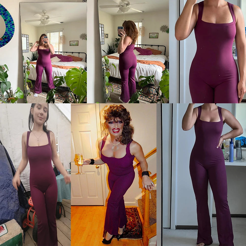 Women's Sleeveless Bodysuit Flared Pants with Square Neck