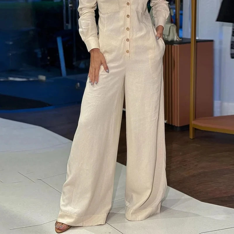 Women's Solid Long Sleeve Lapel Single Breasted Button Streetwear Jumpsuit