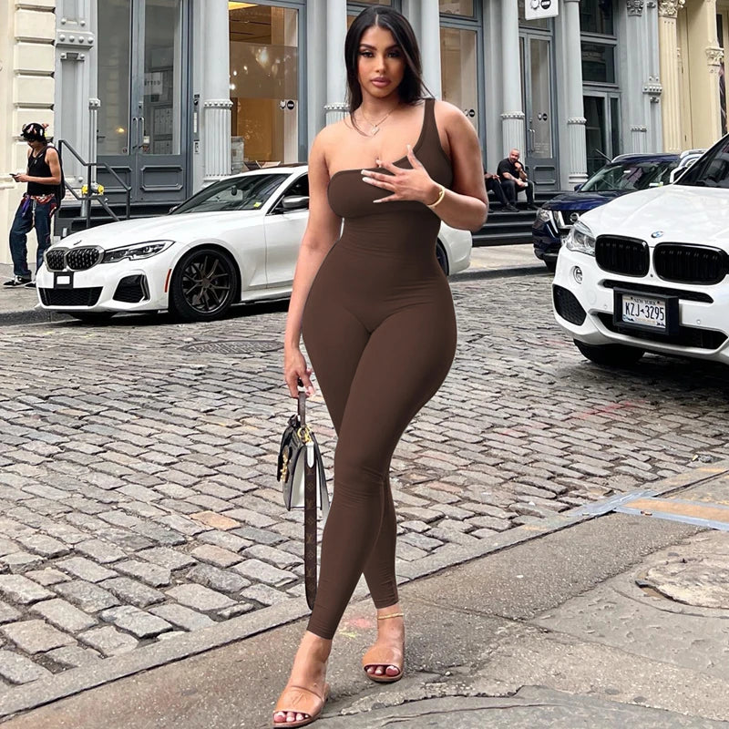 Sexy Slant Collar One Shoulder Sleeveless Solid Pure Clubwear Jumpsuit