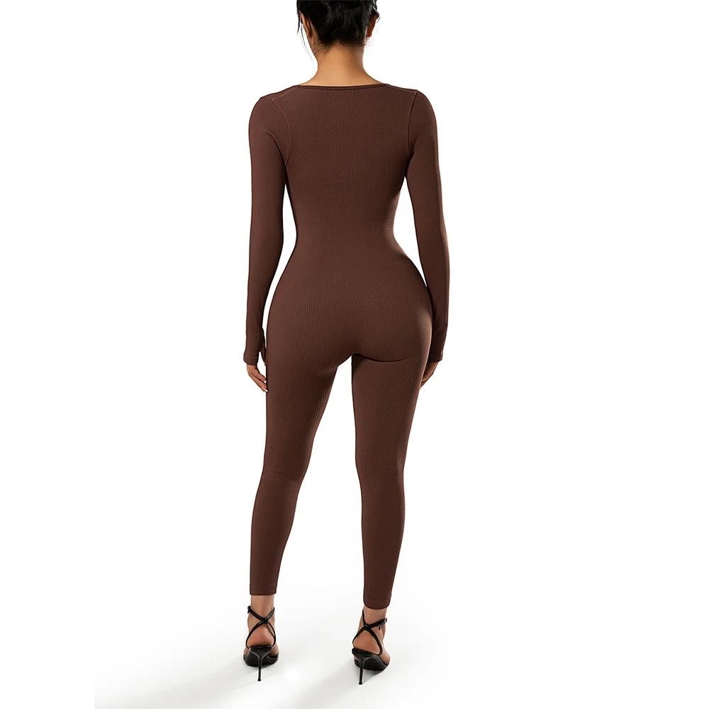 Women ‘s slim front Zipper Casual Brown Fitness Romper