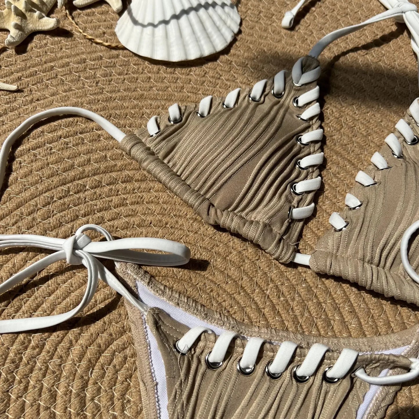 Halter Wrinkled Weave Bikini Women Swimwear