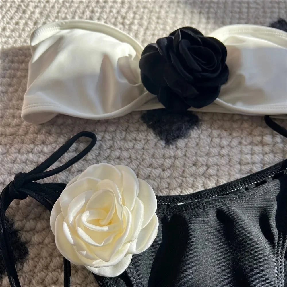 Sexy Flower Bandeau Swimwear Thong Bikini 2024 Women Lace-up Swimsuit