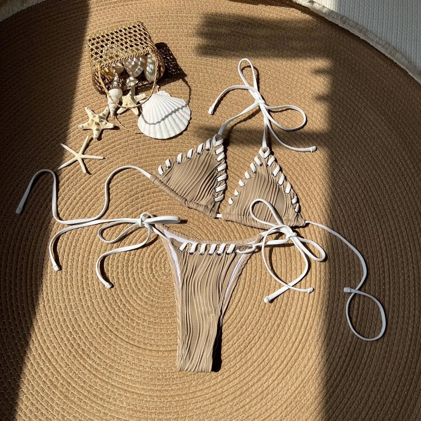 Halter Wrinkled Weave Bikini Women Swimwear