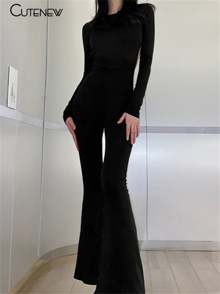 Women's Solid Black Sexy Backless Wide Leg Jumpsuit