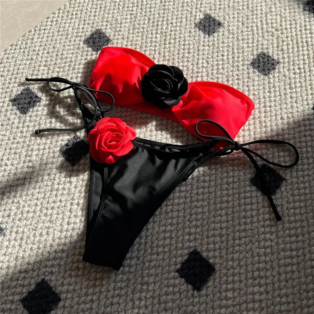 Sexy Flower Bandeau Swimwear Thong Bikini 2024 Women Lace-up Swimsuit