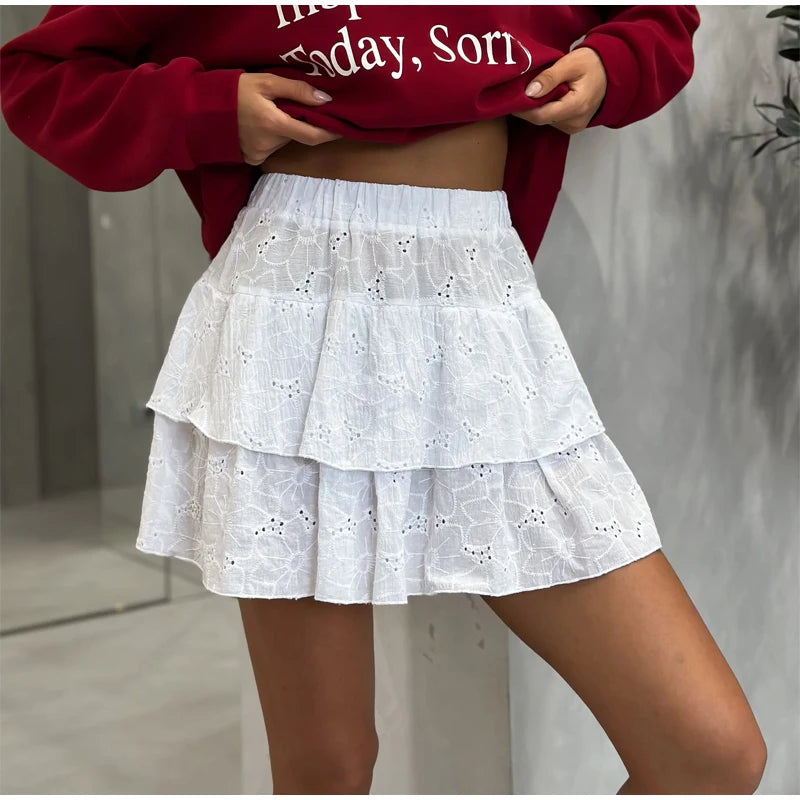 Elegant White Ruffled High Waist Mini Skirt For Women