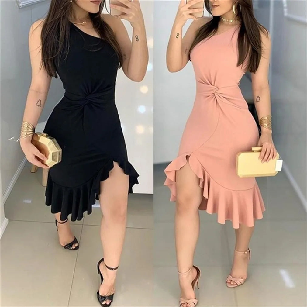 One Shoulder Twisted Slit Ruffles Party Mini Dress