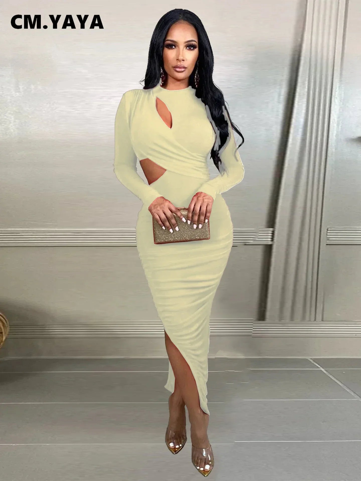 Women Wrap Cutout High Side Split Long Sleeve O-neck Maxi Dress.