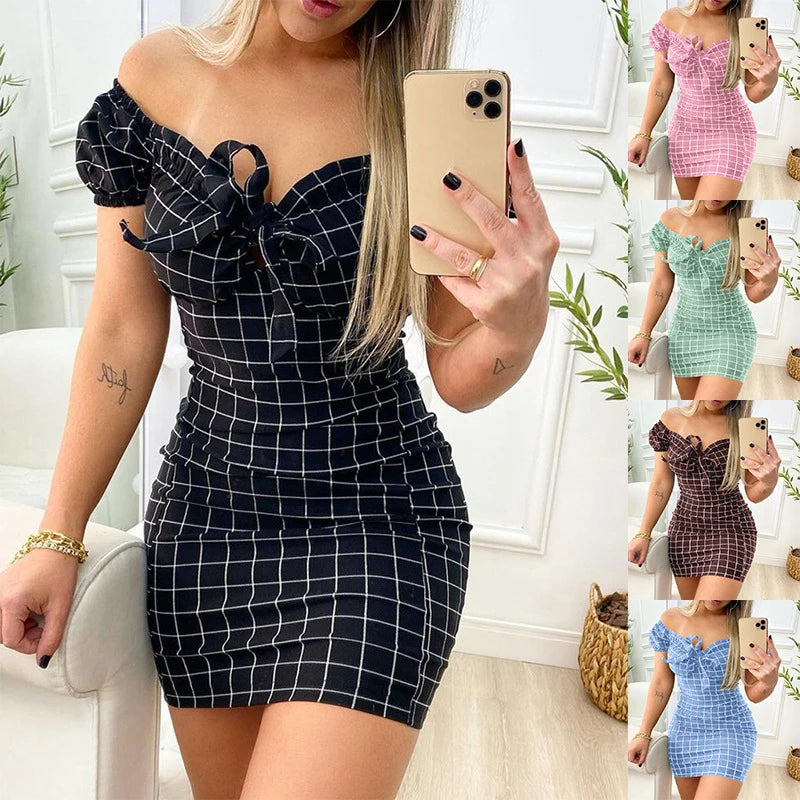 Sexy Plaid Off Shoulder Mini Dress
