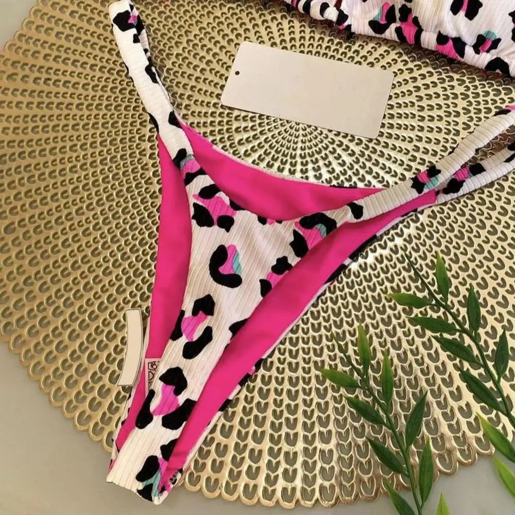 Lace-up Bikini Leopard Print Halter Bikini Set