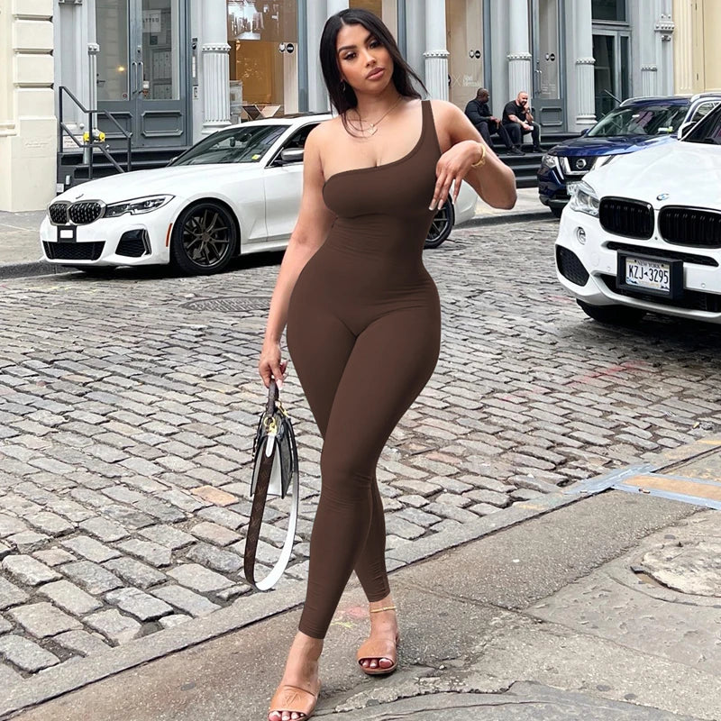 Sexy Slant Collar One Shoulder Sleeveless Solid Pure Clubwear Jumpsuit