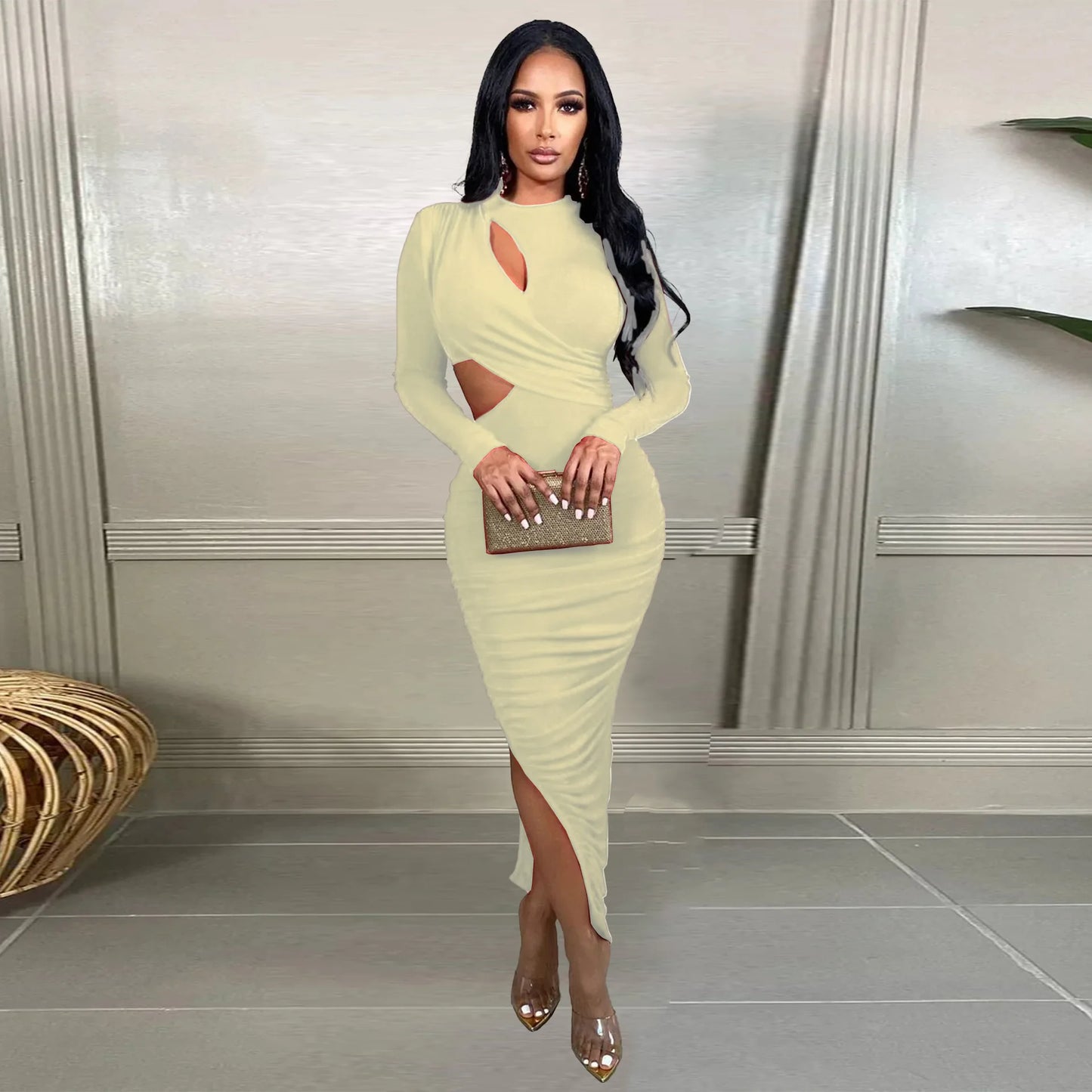 Women Wrap Cutout High Side Split Long Sleeve O-neck Maxi Dress.