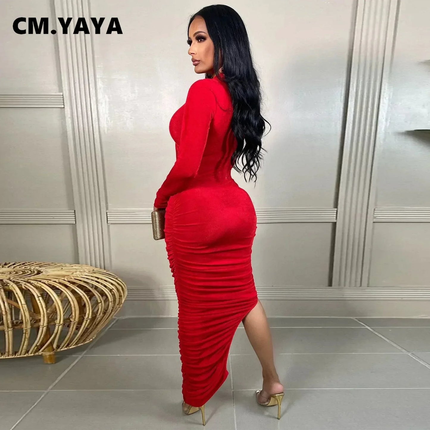 Women Wrap Cutout High Side Split Long Sleeve O-neck Maxi Dress.