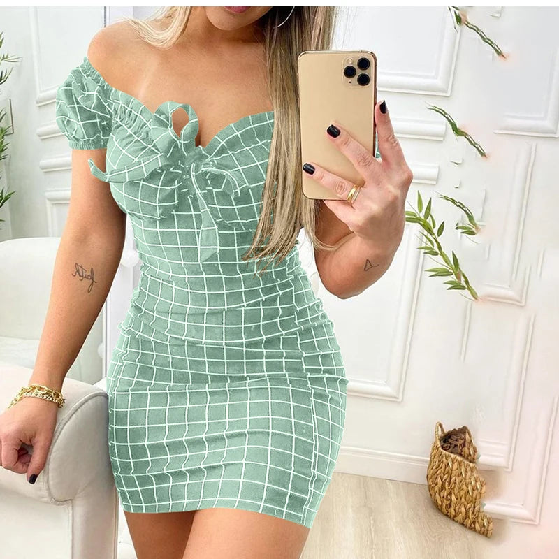 Sexy Plaid Off Shoulder Mini Dress