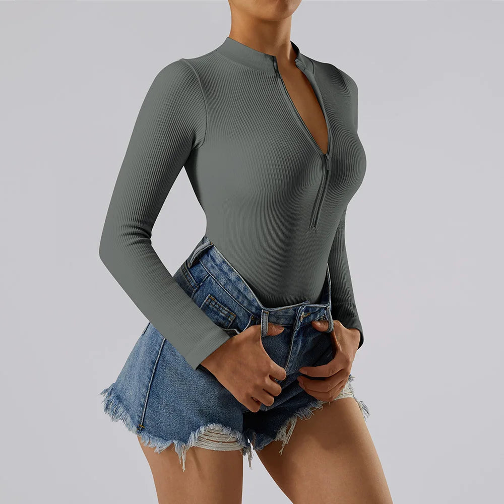 Women ‘s slim front Zipper Casual Brown Fitness Romper