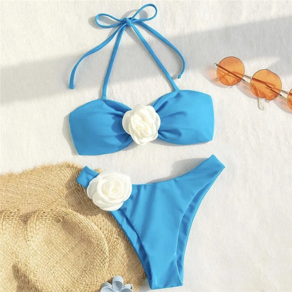 Sexy Flower Bandeau Swimwear Thong Bikini 2024 Women Lace-up Swimsuit