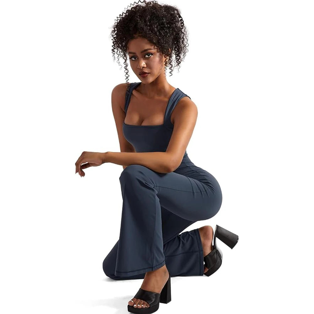 Women's Sleeveless Bodysuit Flared Pants with Square Neck