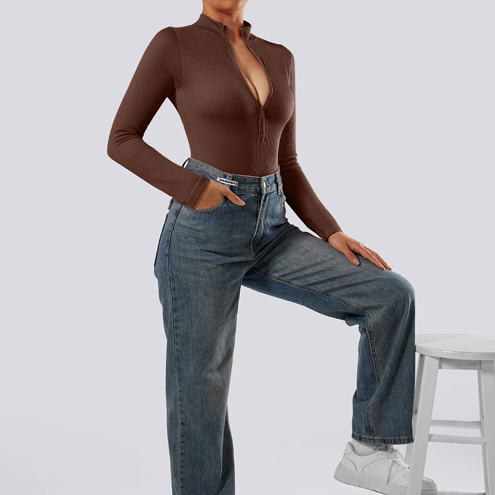 Women ‘s slim front Zipper Casual Brown Fitness Romper