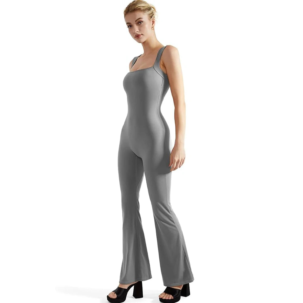 Women's Sleeveless Bodysuit Flared Pants with Square Neck