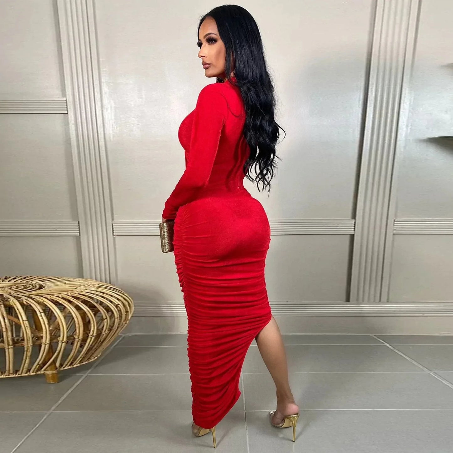 Women Wrap Cutout High Side Split Long Sleeve O-neck Maxi Dress.