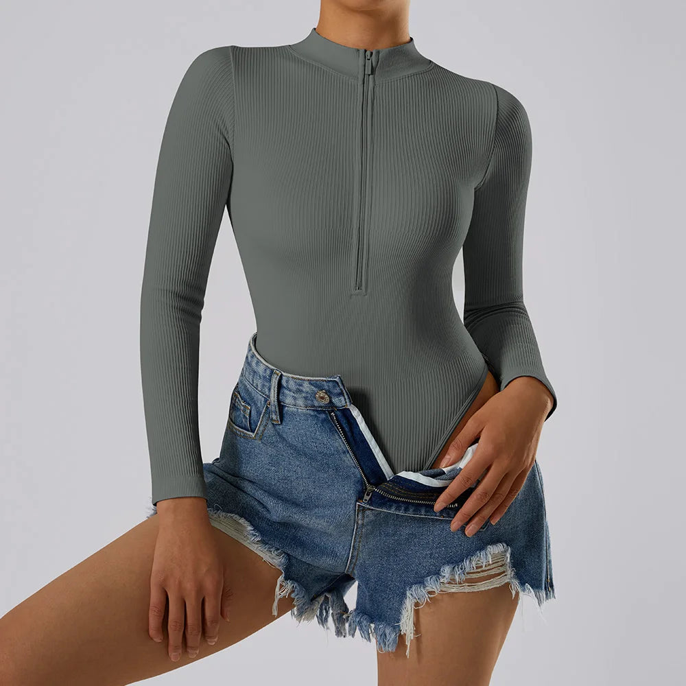 Women ‘s slim front Zipper Casual Brown Fitness Romper