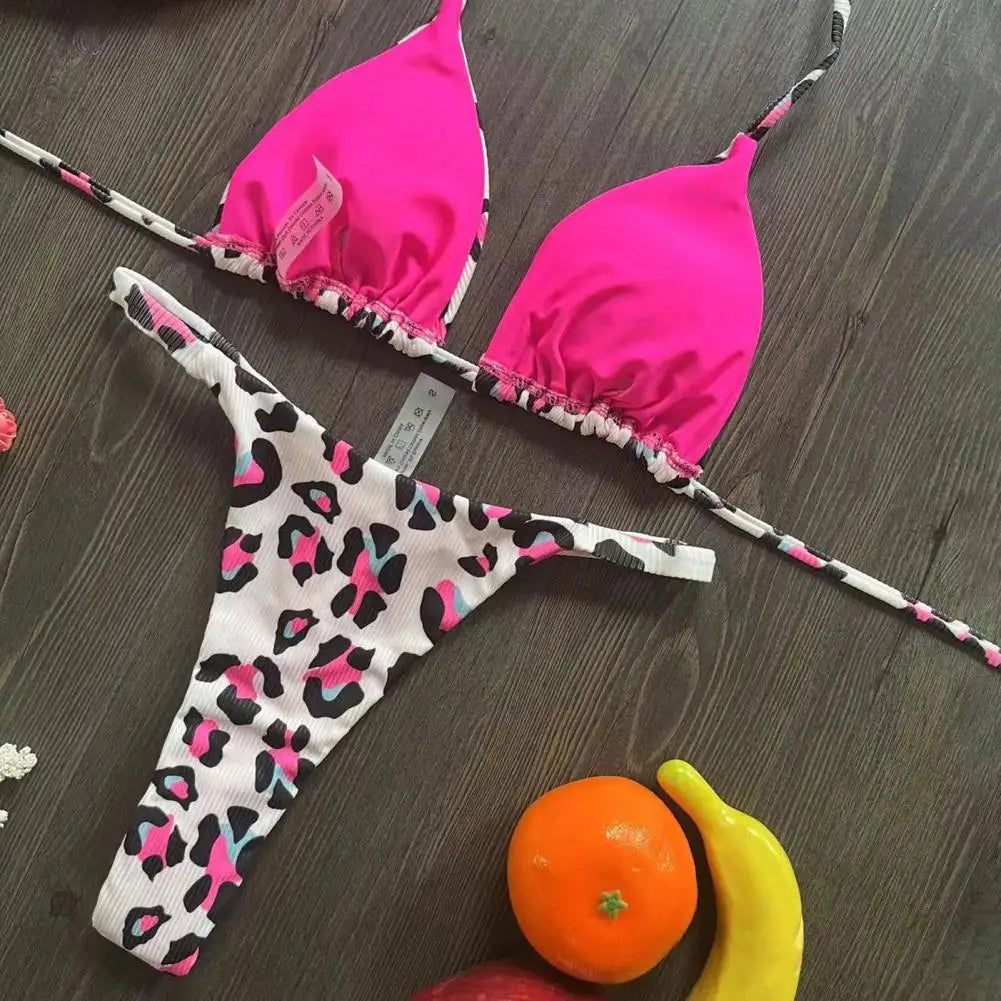 Lace-up Bikini Leopard Print Halter Bikini Set
