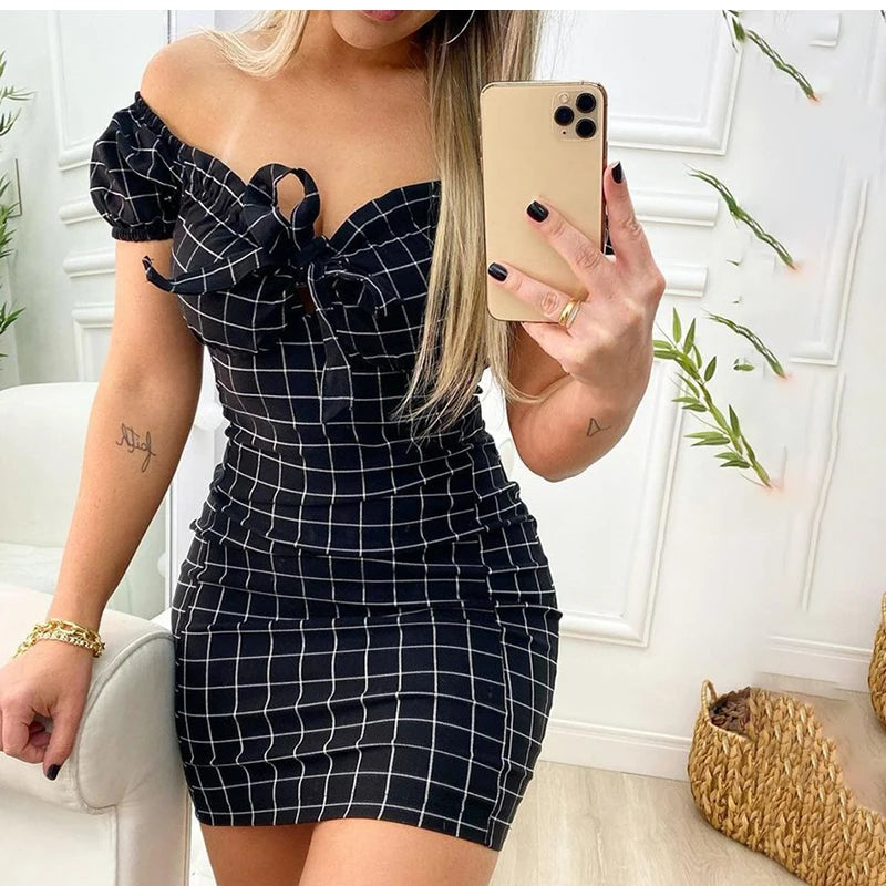 Sexy Plaid Off Shoulder Mini Dress