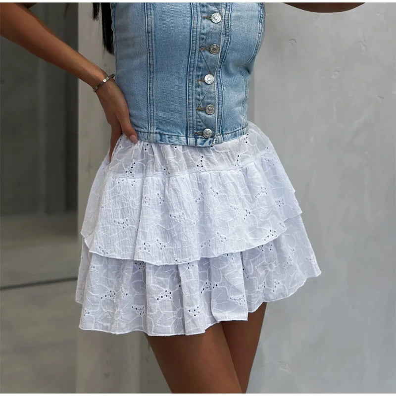 Elegant White Ruffled High Waist Mini Skirt For Women
