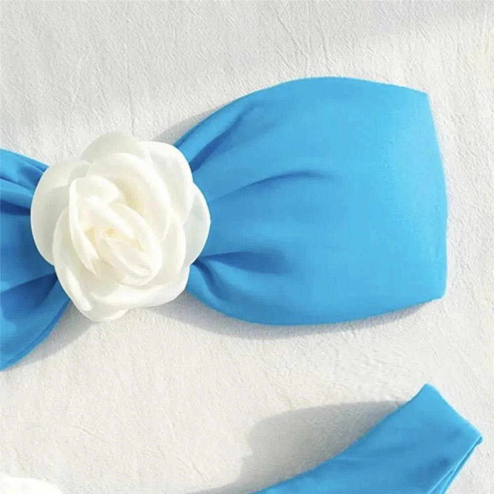 Sexy Flower Bandeau Swimwear Thong Bikini 2024 Women Lace-up Swimsuit