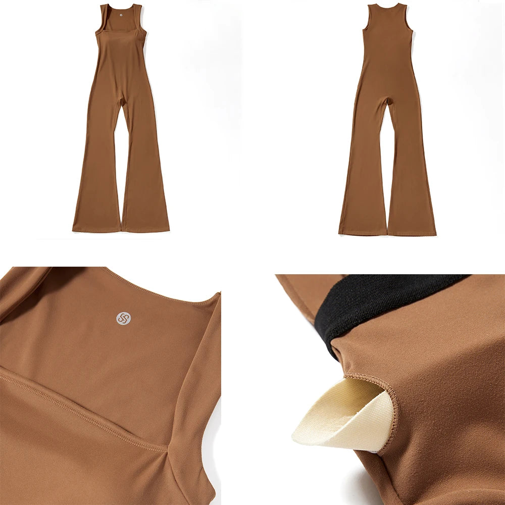 Women's Sleeveless Bodysuit Flared Pants with Square Neck