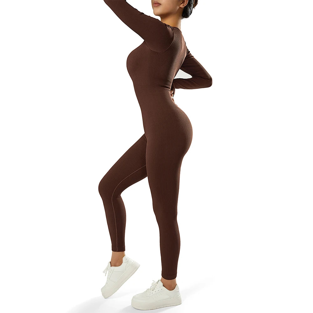 Women ‘s slim front Zipper Casual Brown Fitness Romper