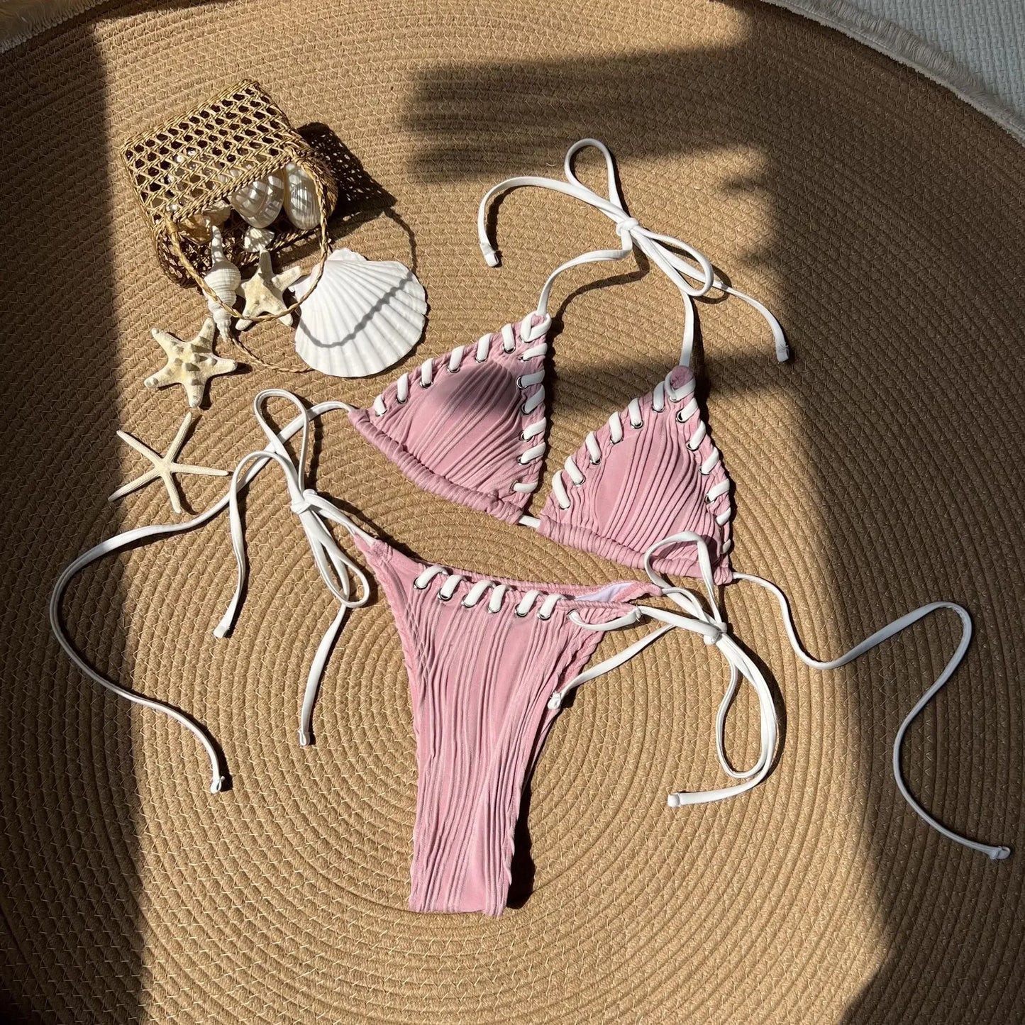 Halter Wrinkled Weave Bikini Women Swimwear