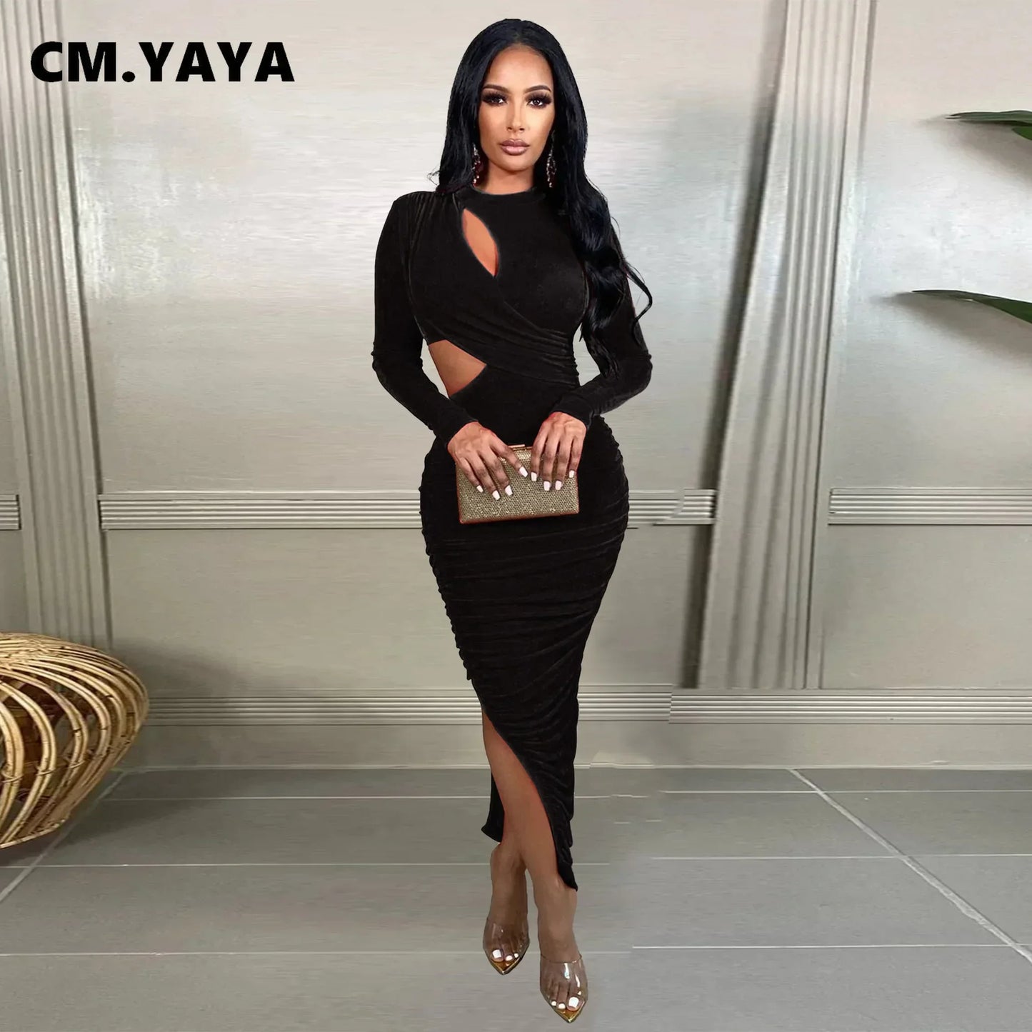 Women Wrap Cutout High Side Split Long Sleeve O-neck Maxi Dress.